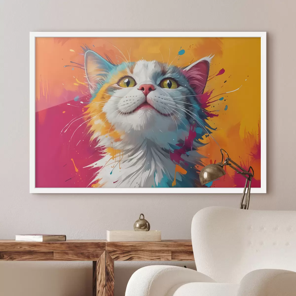 Poster Ein Nahaufnahme-Porträt einer weiß-orange getigerten Katze mit lebendigen, bunten Farbspritzern f40547