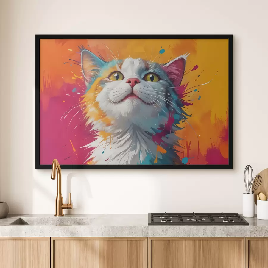 Fototapete Ein Nahaufnahme-Porträt einer weiß-orange getigerten Katze mit lebendigen, bunten Farbspritzern f40547