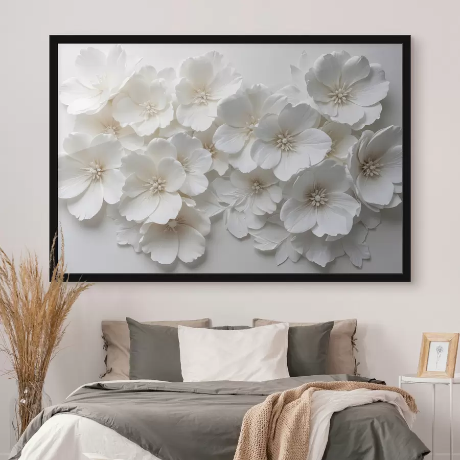 Fototapete Weiße Blüten mit zarten Blütenblättern, angeordnet in einem wunderschönen Blumenmuster vor einem hellen Hintergrund f40548