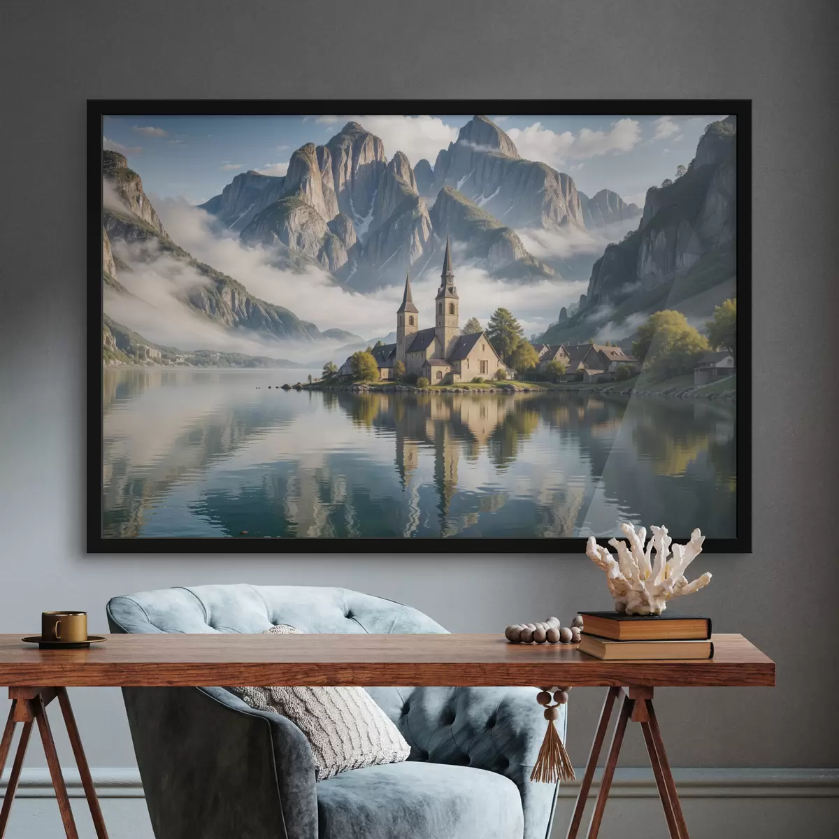 Poster Ein malerisches Bergdorf an einem ruhigen See mit hoch aufragenden schneebedeckten Bergen f40554