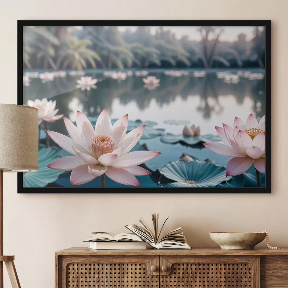 Poster Ein Teich mit rosa Lotusblüten, die auf der Oberfläche schwimmen, umgeben von üppigem Grün und Palmen f40555
