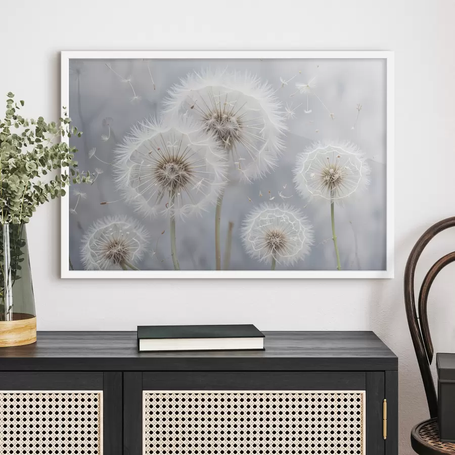 Fototapete Weiße Löwenzahnblüten mit flauschigen Samen vor einem verschwommenen grauen Hintergrund f40556