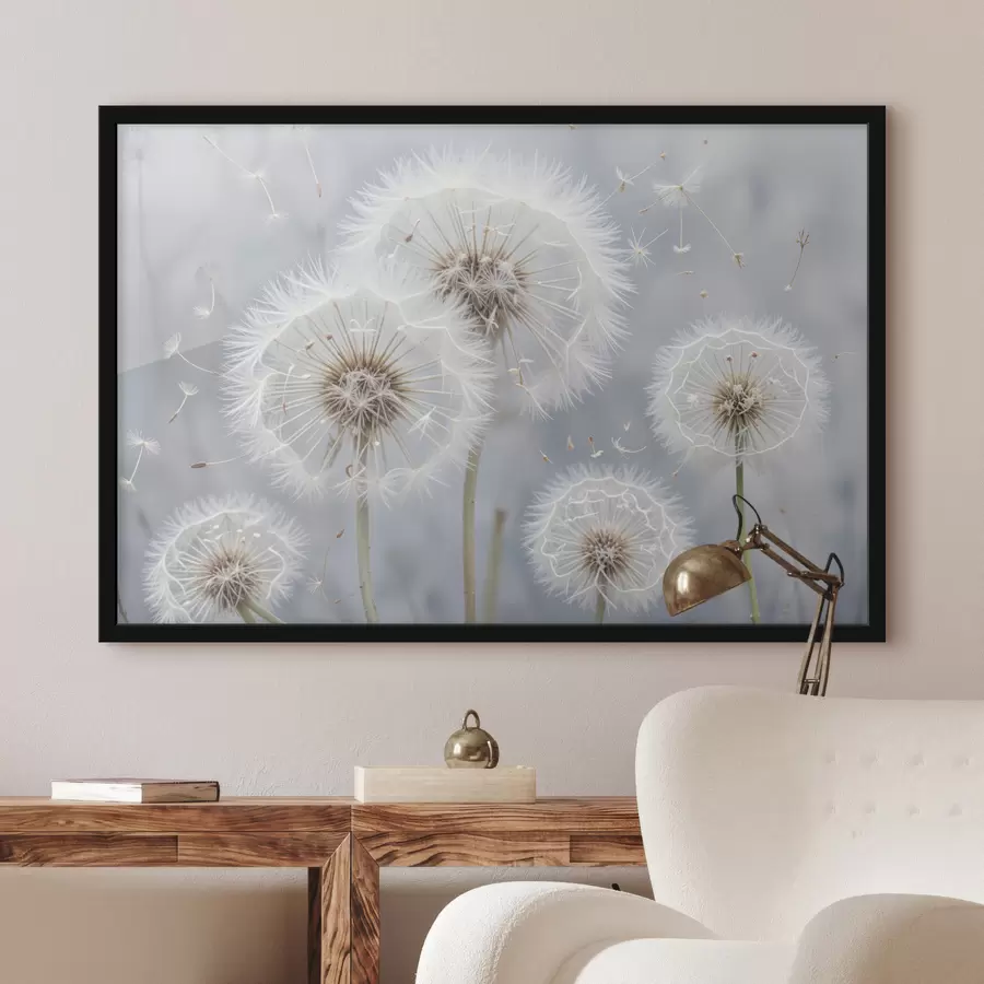 Fototapete Weiße Löwenzahnblüten mit flauschigen Samen vor einem verschwommenen grauen Hintergrund f40556