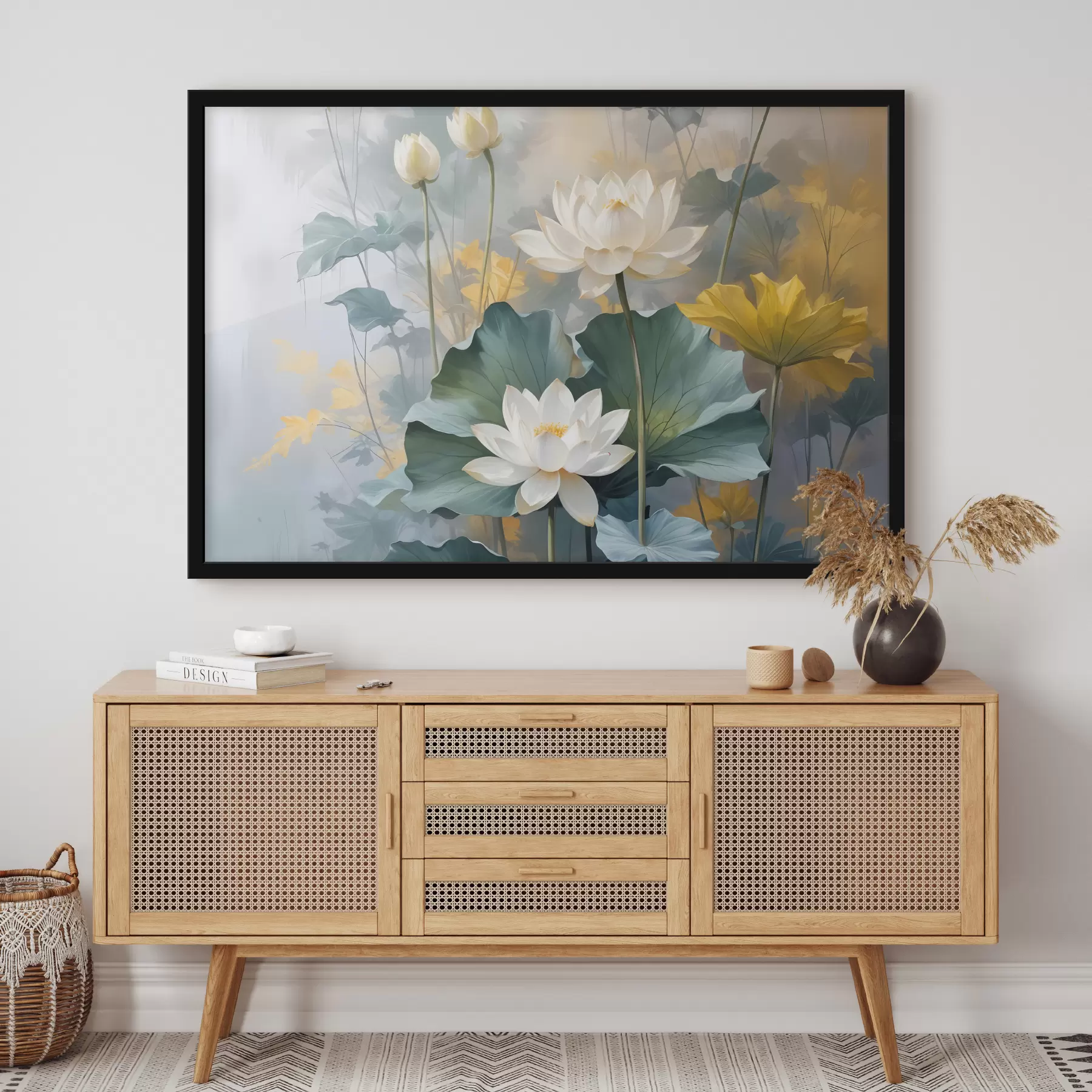 Fototapete Weiße Lotusblüten in einem Teich mit grünen Seerosenblättern, umgeben von gelben Blüten und einem unscharfen Hintergrund f40559