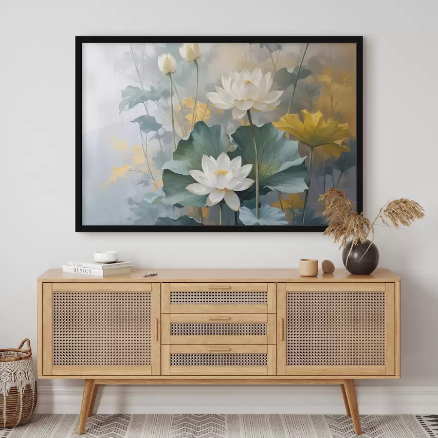 Fototapete Weiße Lotusblüten in einem Teich mit grünen Seerosenblättern, umgeben von gelben Blüten und einem unscharfen Hintergrund f40559