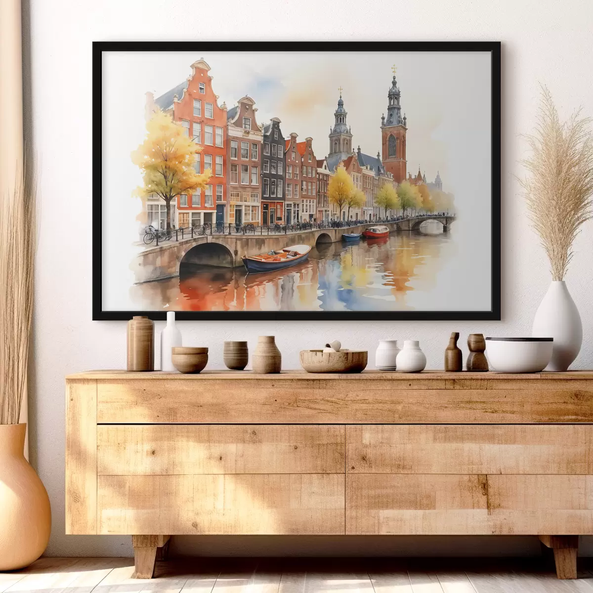 Poster Eine farbenfrohe Aquarell-Stadtansicht von Amsterdam mit traditionellen niederländischen Grachtenhäusern und Booten auf dem Wasser f40561