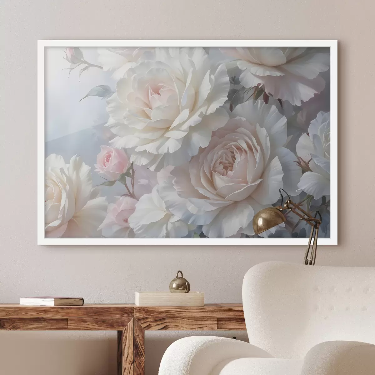 Poster Weiche, zarte weiße und rosa Rosen mit unscharfem Hintergrund f40562