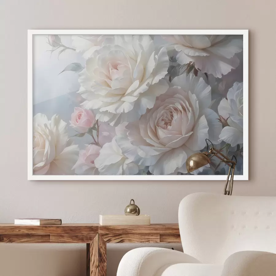 Fototapete Weiche, zarte weiße und rosa Rosen mit unscharfem Hintergrund f40562