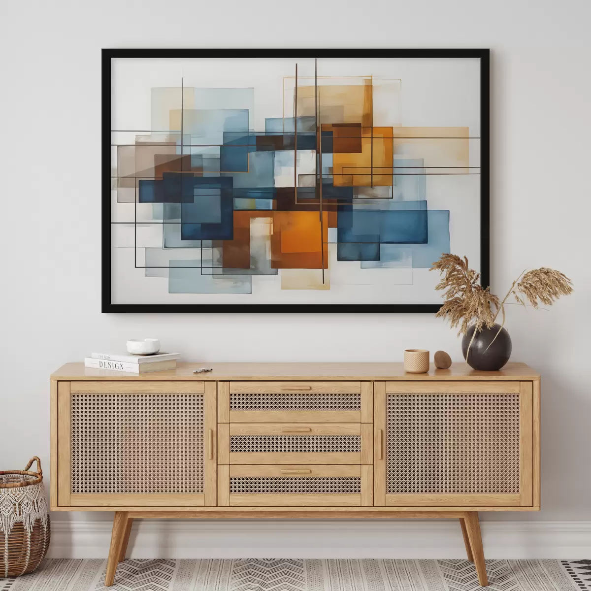 Poster Abstrakte geometrische Formen in Blau-, Orange- und Brauntönen ergeben eine moderne minimalistische Komposition f40563