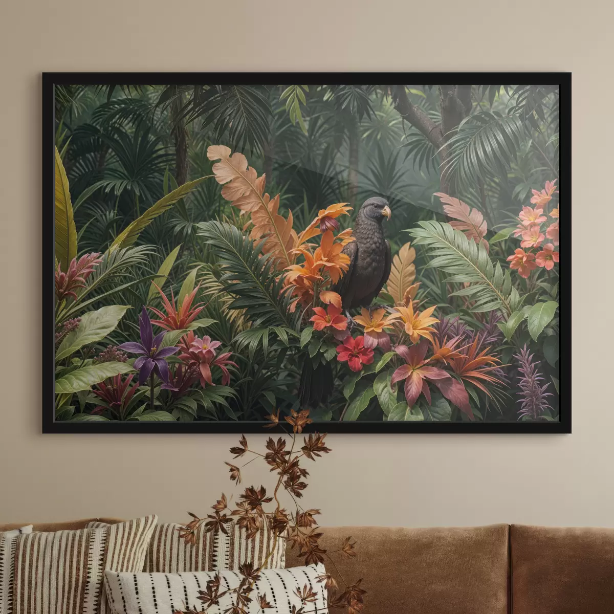 Poster Tropischer Vogel auf einem Ast, umgeben von leuchtendem Laub, Palmblättern, Blumen und exotischen Pflanzen f40578