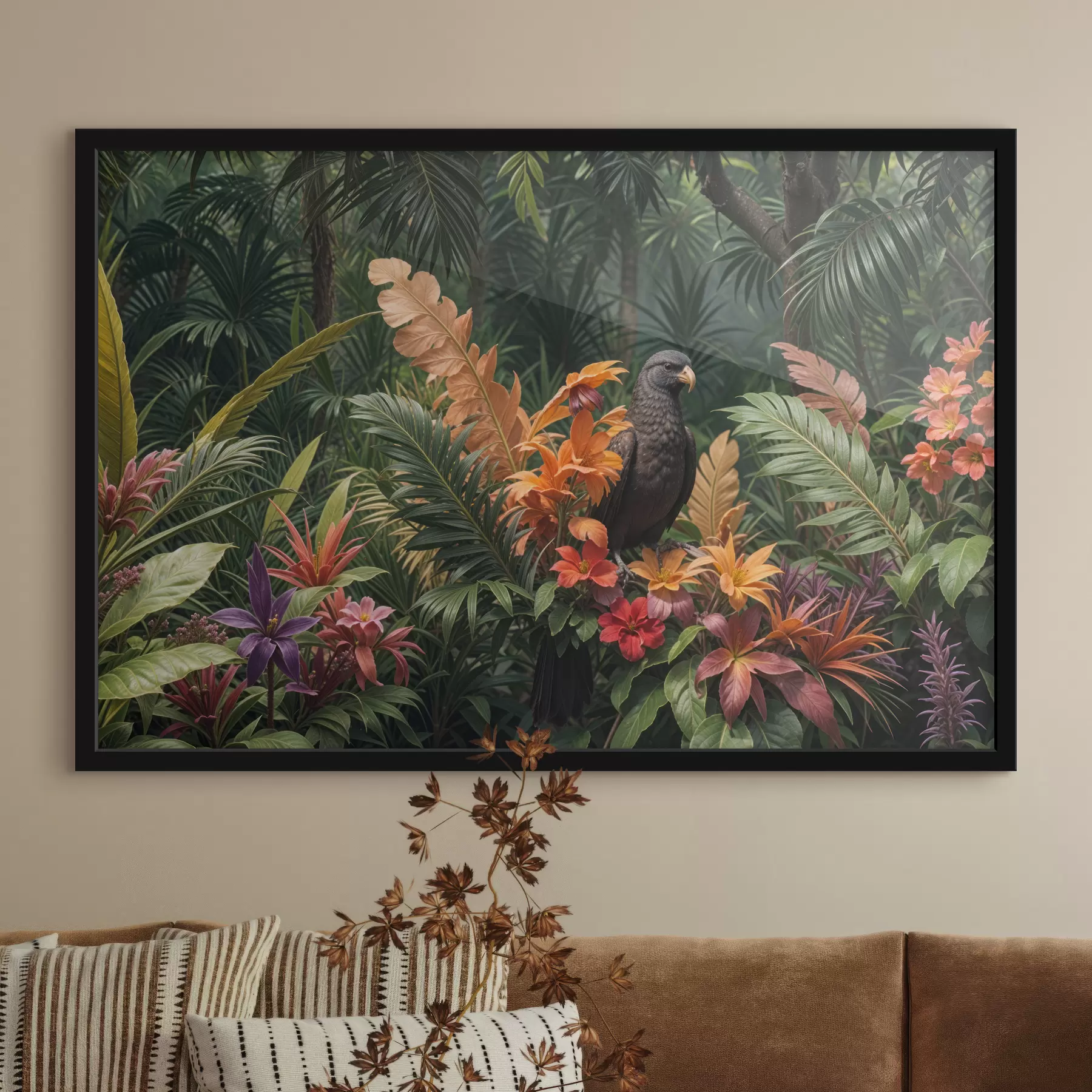 Wandbilder Tropischer Vogel auf einem Ast, umgeben von leuchtendem Laub, Palmblättern, Blumen und exotischen Pflanzen f40578