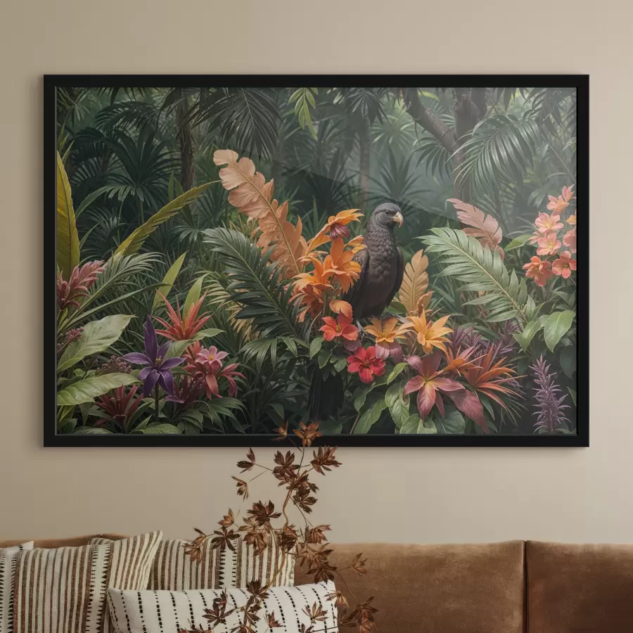 Fototapete Tropischer Vogel auf einem Ast, umgeben von leuchtendem Laub, Palmblättern, Blumen und exotischen Pflanzen f40578
