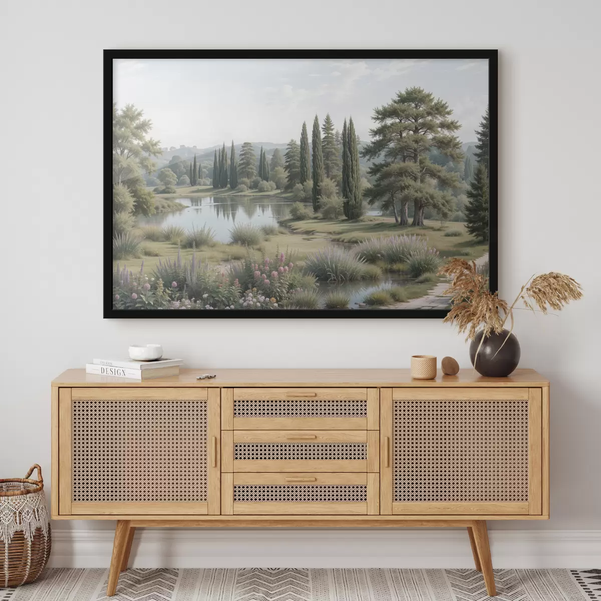 Poster Eine ruhige Landschaft mit einem ruhigen See, umgeben von Kiefern, Zypressen und anderer üppiger Vegetation f40579