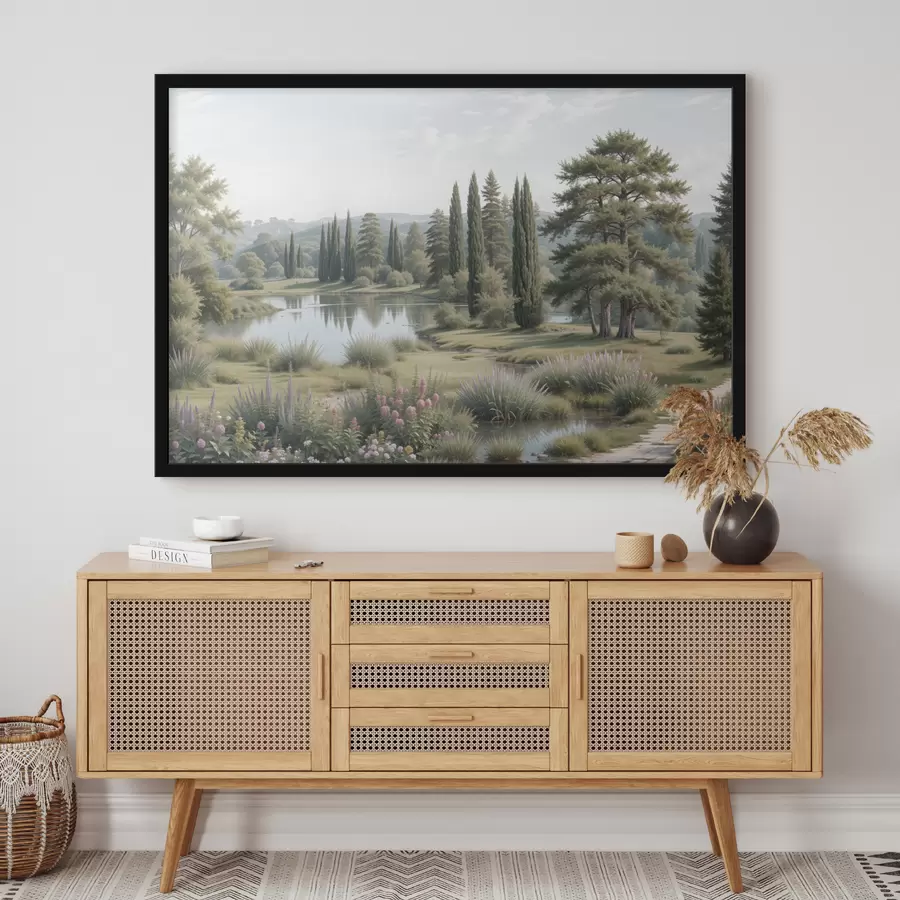 Fototapete Eine ruhige Landschaft mit einem ruhigen See, umgeben von Kiefern, Zypressen und anderer üppiger Vegetation f40579