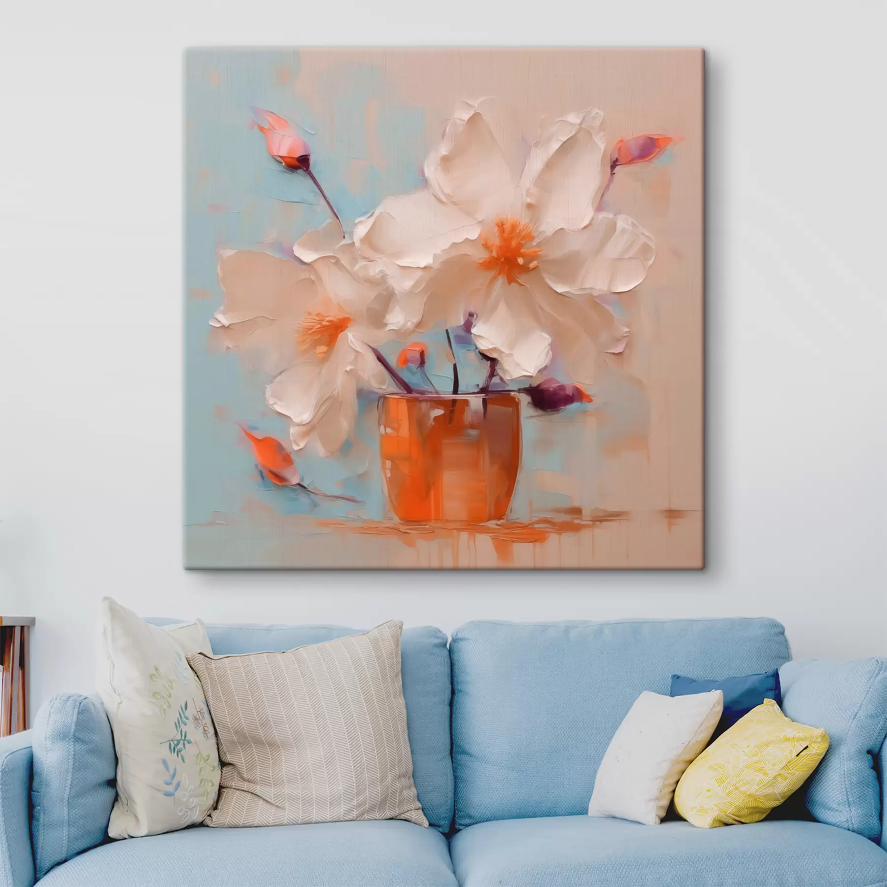 Wandbilder Narzissen in einer Vase, weiß, orange, beige, blau s40520