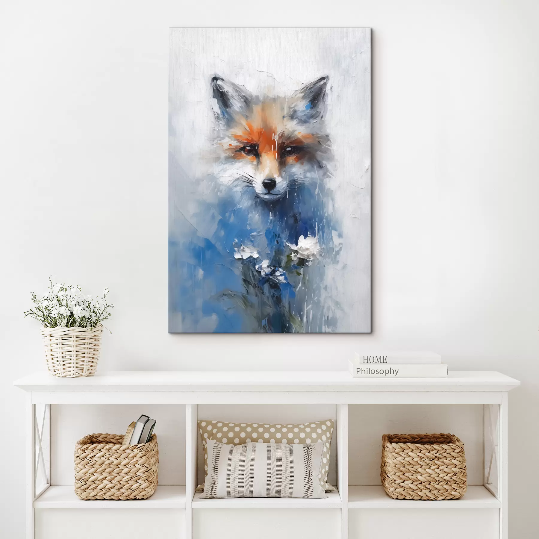 Wandbilder Abstraktes Porträt eines Fuchses in blauen Farbflecken s40524