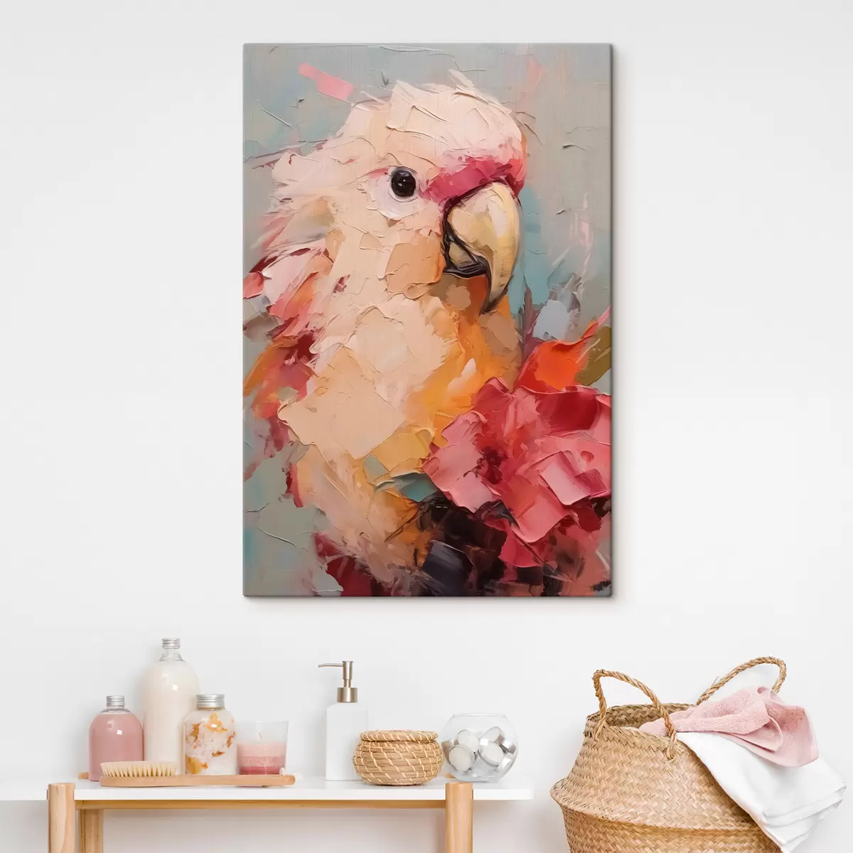 Wandbilder Porträt eines Kakadu-Papageis, rosa, rot, beige, grau s40525