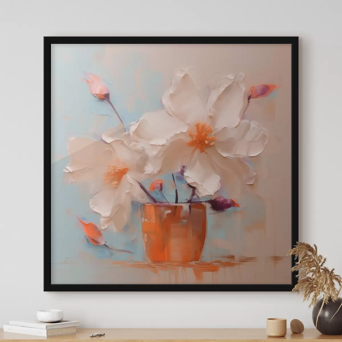 Poster Narzissen in einer Vase, weiß, orange, beige, blau f40520