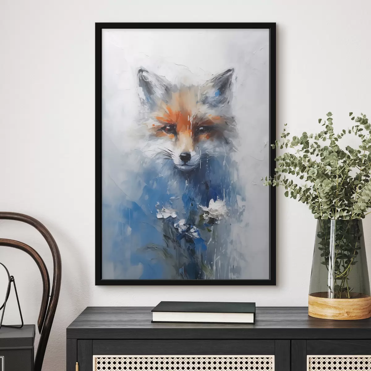 Poster Abstraktes Porträt eines Fuchses in blauen Farbflecken f40524