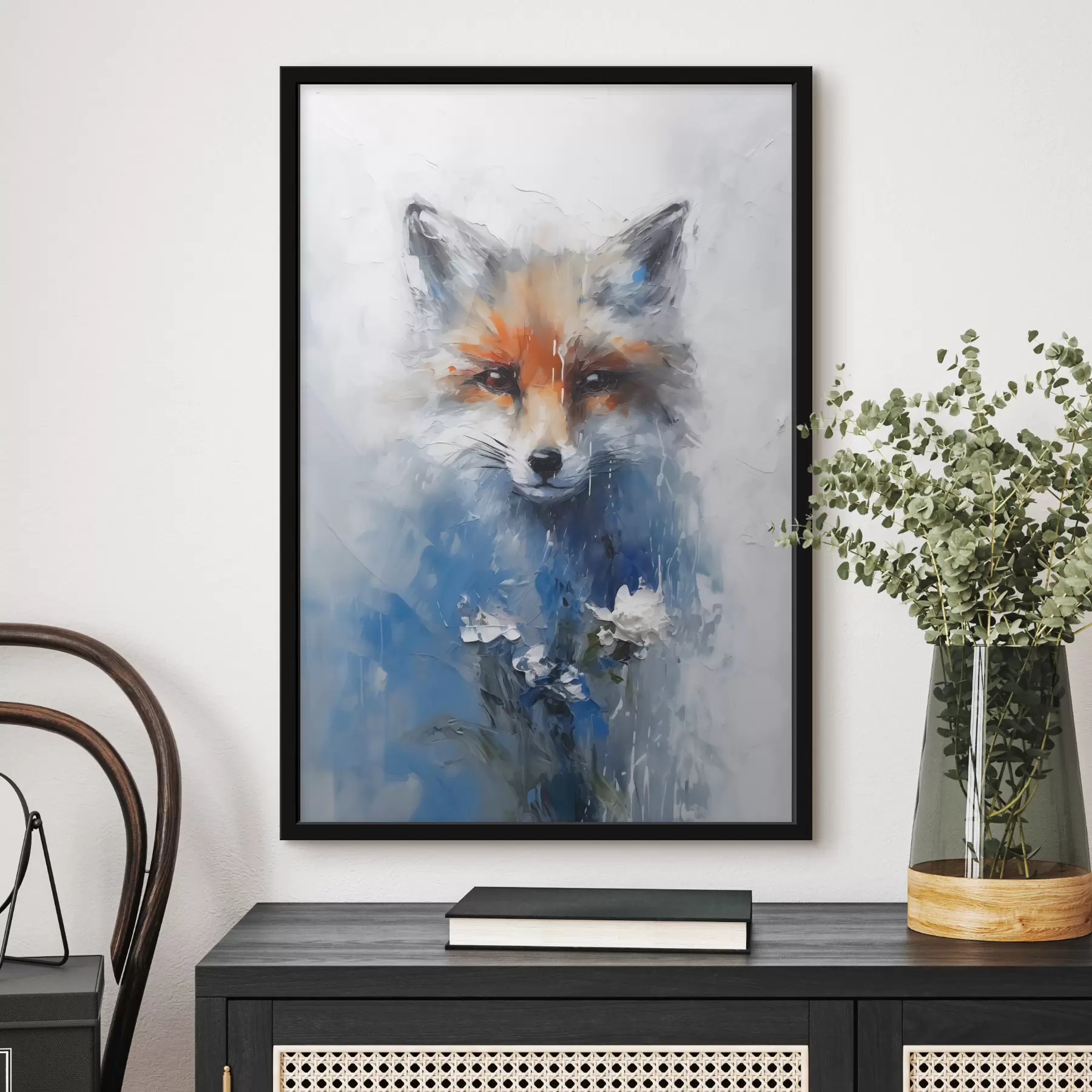 Wandbilder Abstraktes Porträt eines Fuchses in blauen Farbflecken f40524