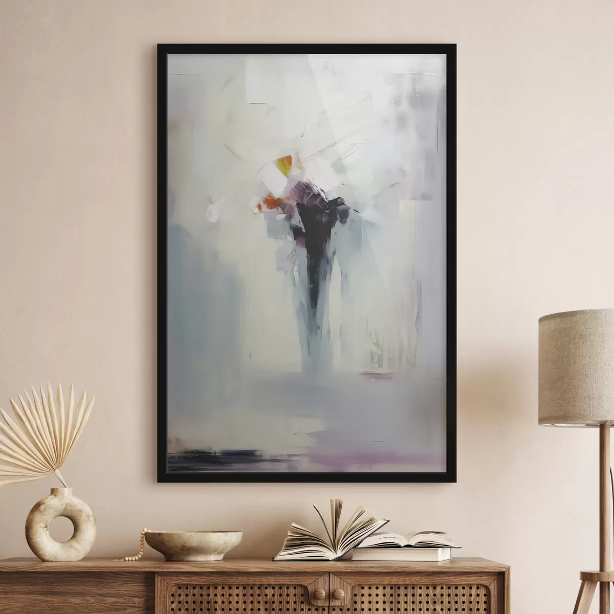 Poster Astrale Abstraktion, schwarzer Fleck auf weiß-grauem Hintergrund, Nachahmung von Pinselstrichen f40526