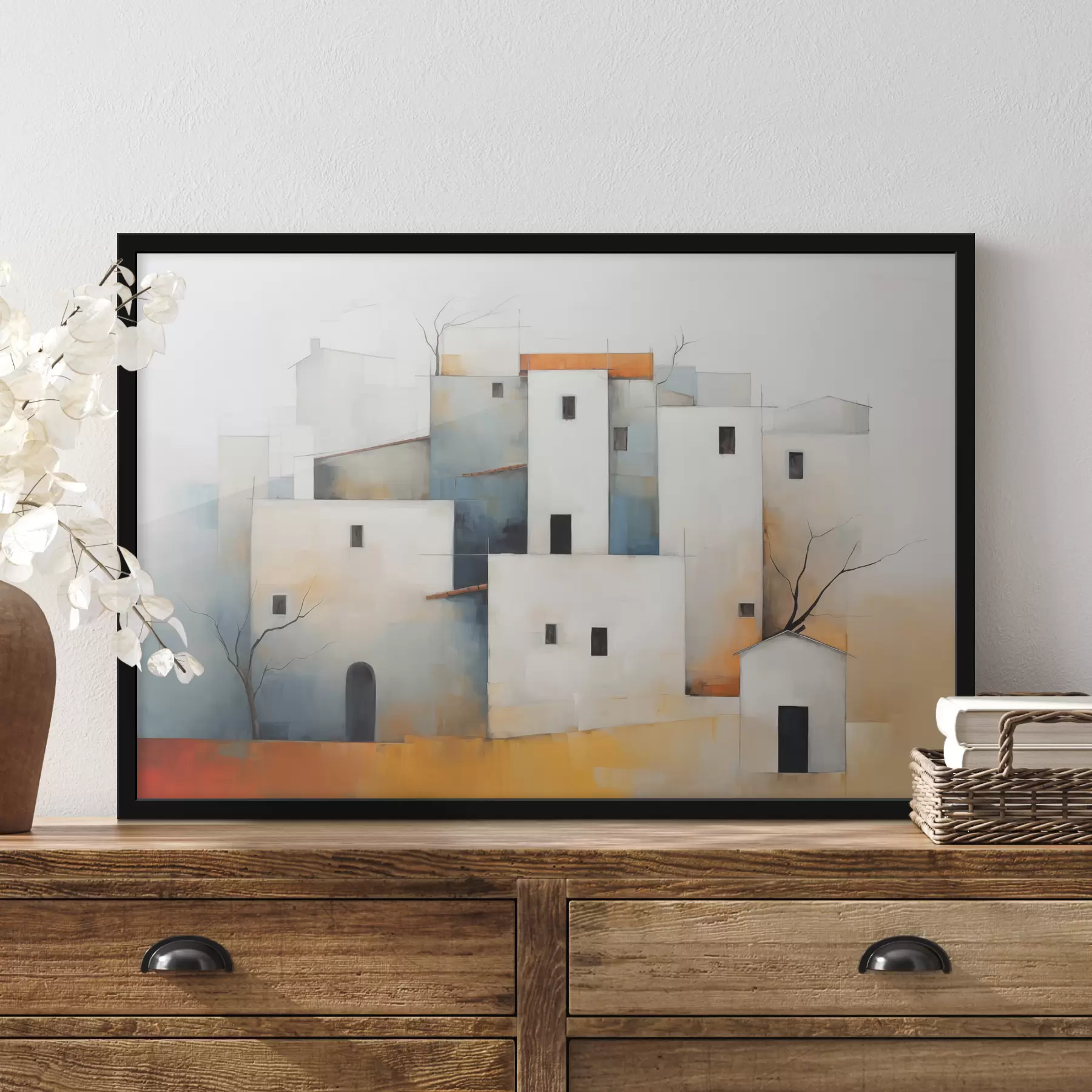 Wandbilder Weiße stilisierte Häuser abstrakt, rot, orange, gelb, blau f40531