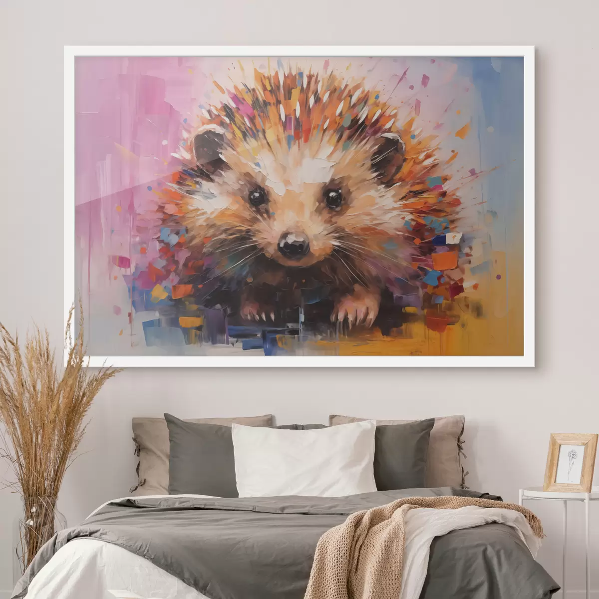 Poster Porträt eines Igels in leuchtenden Farben, gelb, lila, blau, orange, braun f40532