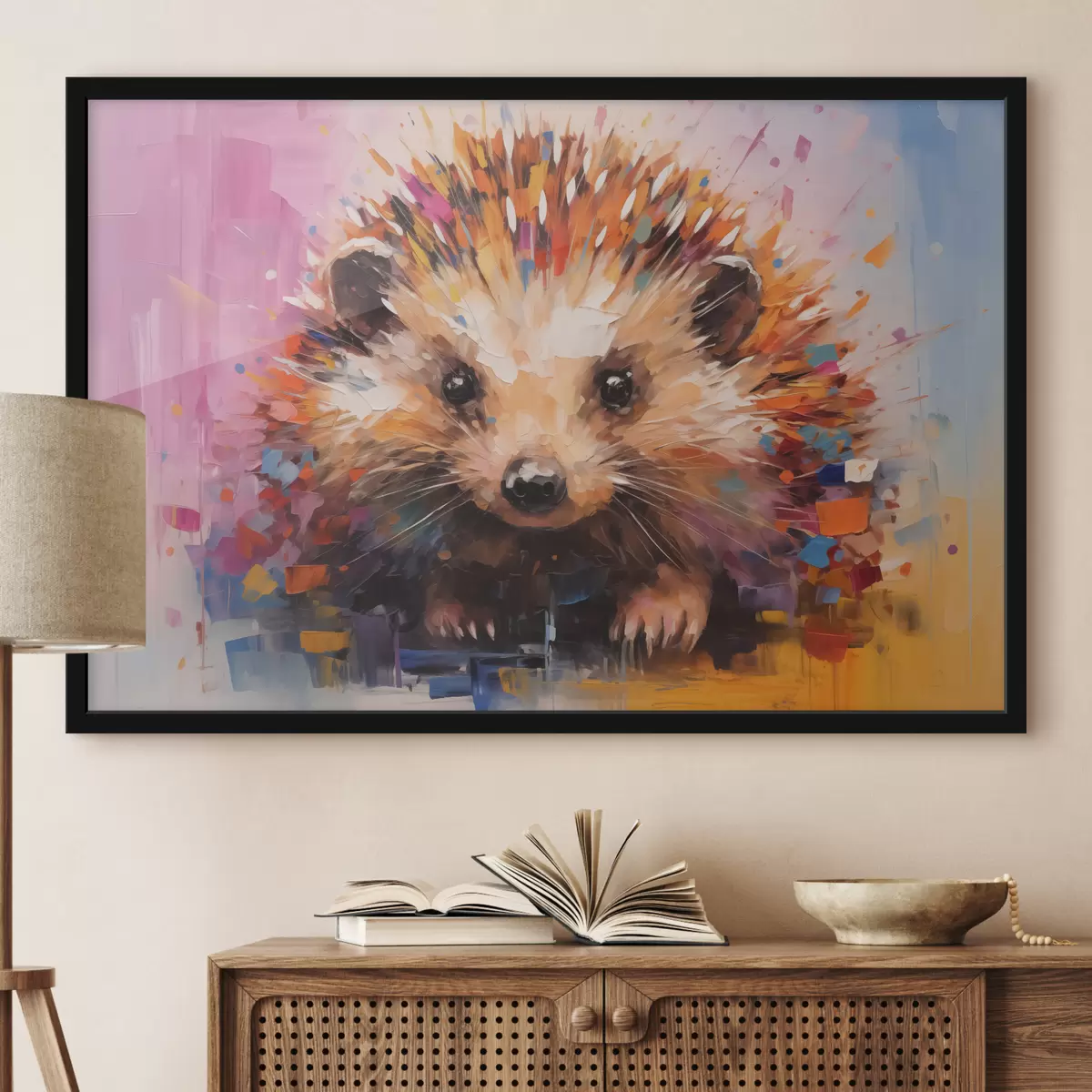 Poster Porträt eines Igels in leuchtenden Farben, gelb, lila, blau, orange, braun f40532