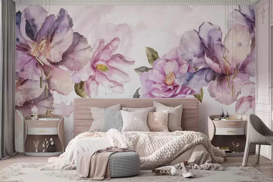 Fototapete Zarte rosa und lila Aquarellblumen mit weichen Blütenblättern und grünen Blättern vor einem hellen Hintergrund w08238