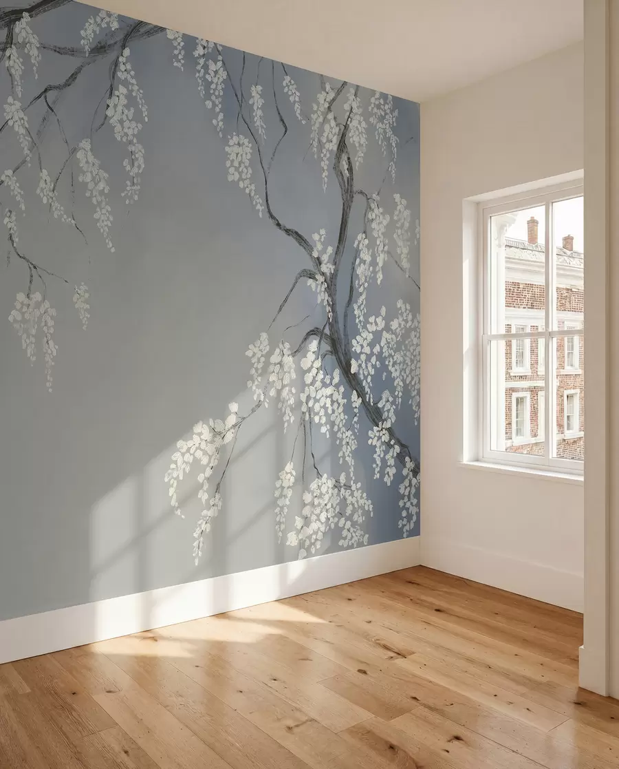Fototapete Zarter weißer Kirschbaum mit blühenden Blumen auf Ästen vor blauem Hintergrund w08243v1