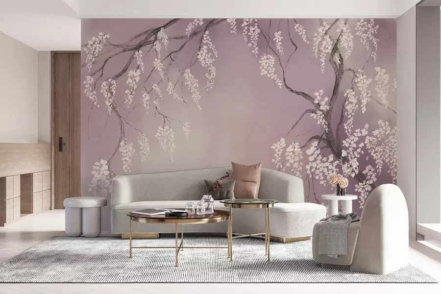 Fototapete Zarter weißer Kirschbaum mit blühenden Blüten auf Zweigen vor rosa Hintergrund w08243v2