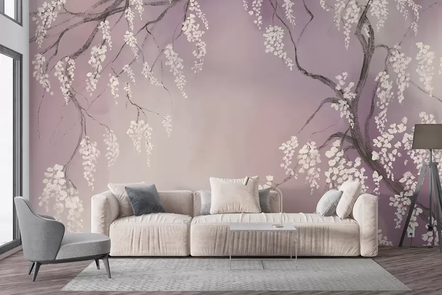Fototapete Zarter weißer Kirschbaum mit blühenden Blüten auf Zweigen vor rosa Hintergrund w08243v2