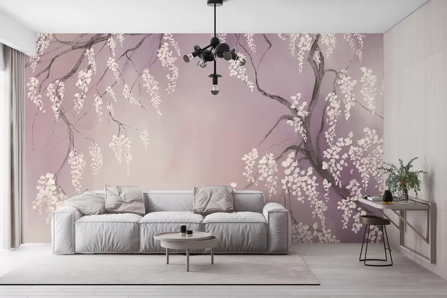 Fototapete Zarter weißer Kirschbaum mit blühenden Blüten auf Zweigen vor rosa Hintergrund w08243v2