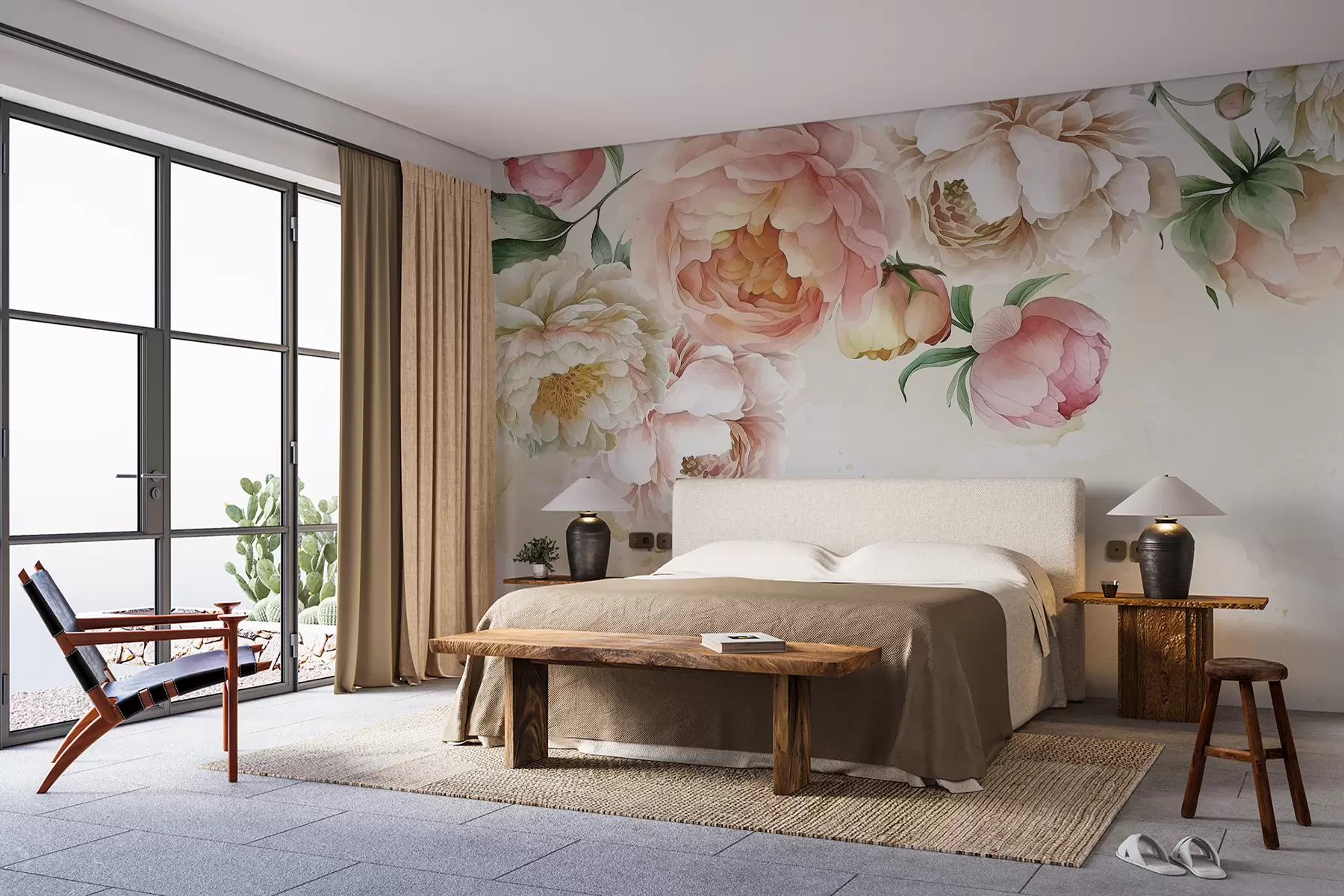 Fototapete Zarte rosa und weiße Pfingstrosen mit üppigen grünen Blättern vor einem hellen Aquarellhintergrund w08248