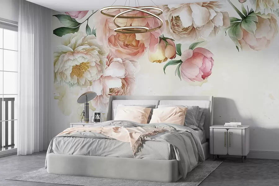 Fototapete Zarte rosa und weiße Pfingstrosen mit üppigen grünen Blättern vor einem hellen Aquarellhintergrund w08248