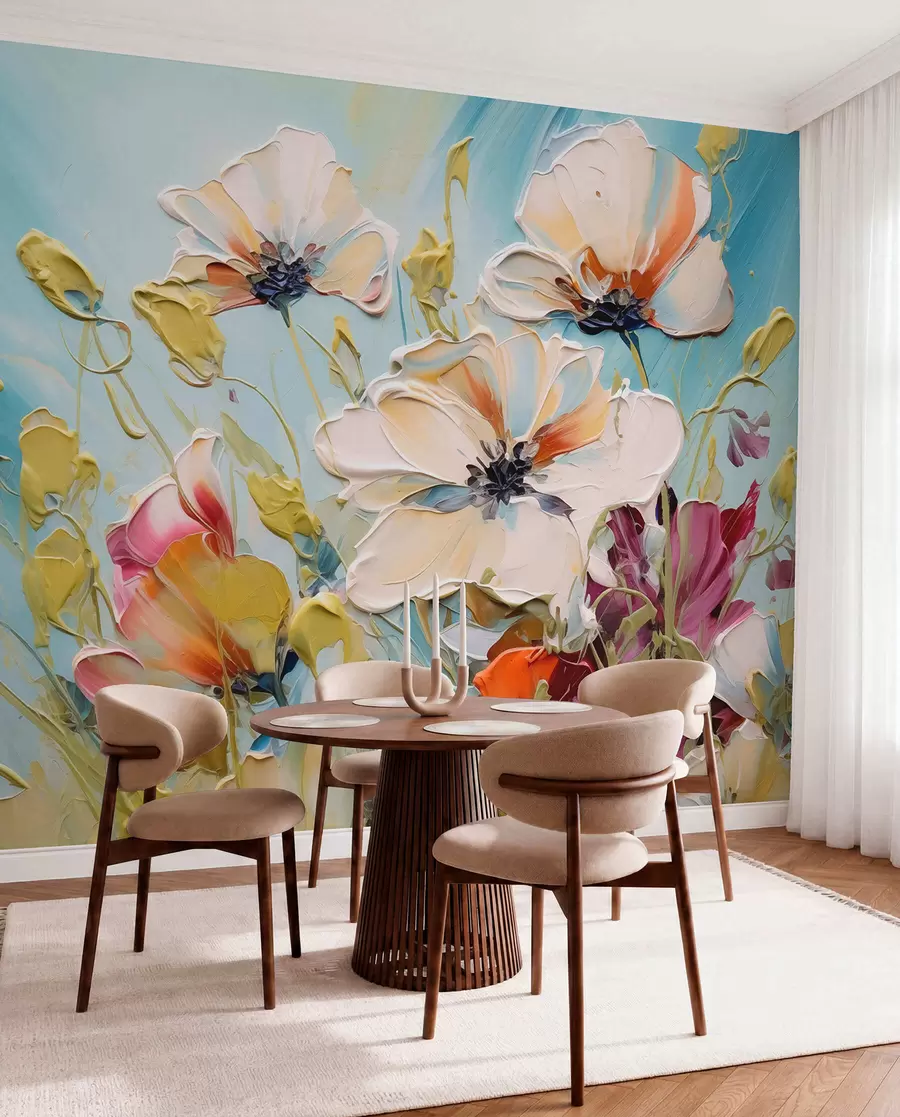 Fototapete Abstrakte weiße Mohnblumen auf blauem Hintergrund, Imitation von Pinselstrichen w01043