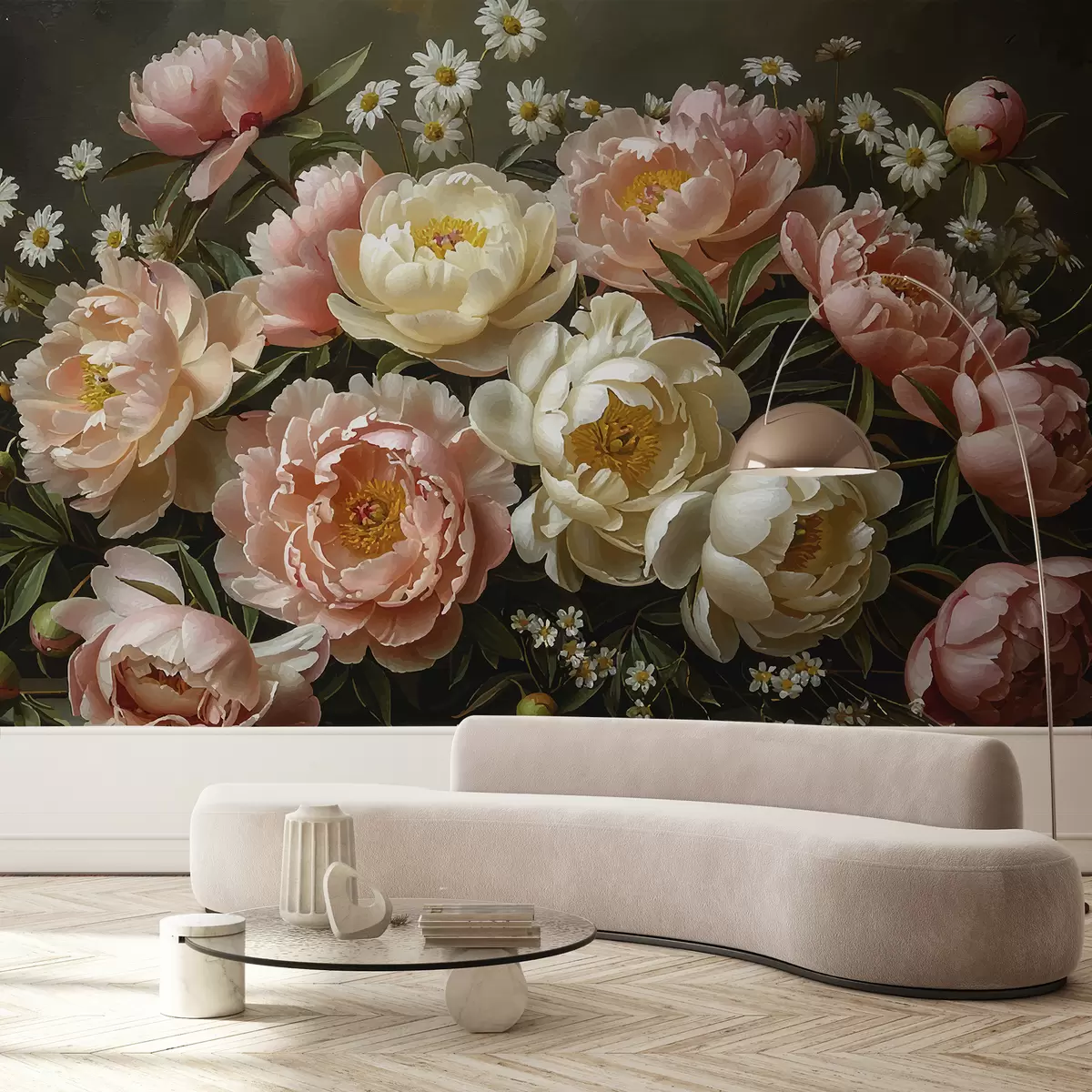 Fototapete Blumenstrauß aus Pfingstrosen, beige, rosa w01513
