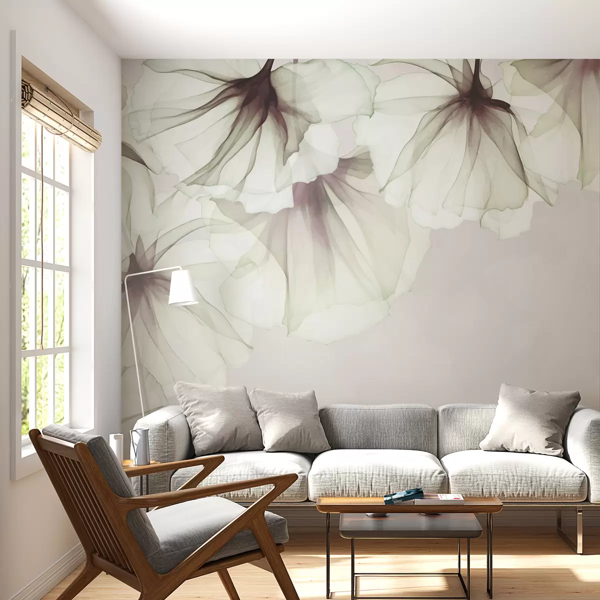 Fototapete zarte durchscheinende Blüten, graue Blüten, Blüten oben w01080v2