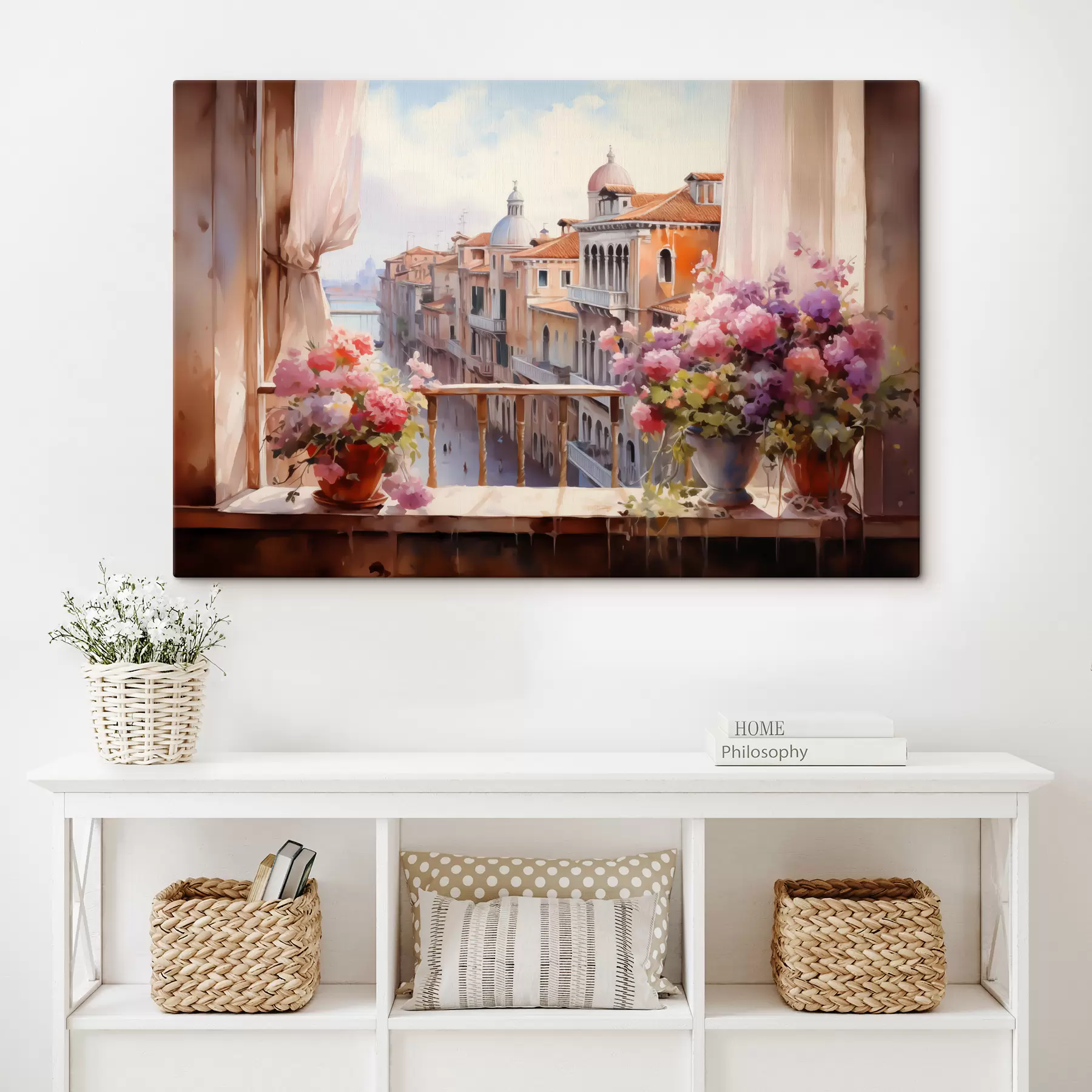 Wandbilder Blumen in Vasen mit Blick auf die Bucht von Venedig Aquarell s40677