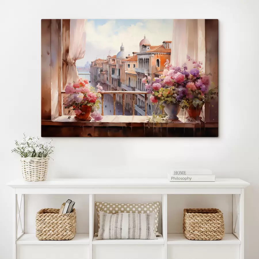 Wandbilder Blumen in Vasen mit Blick auf die Bucht von Venedig Aquarell s40677