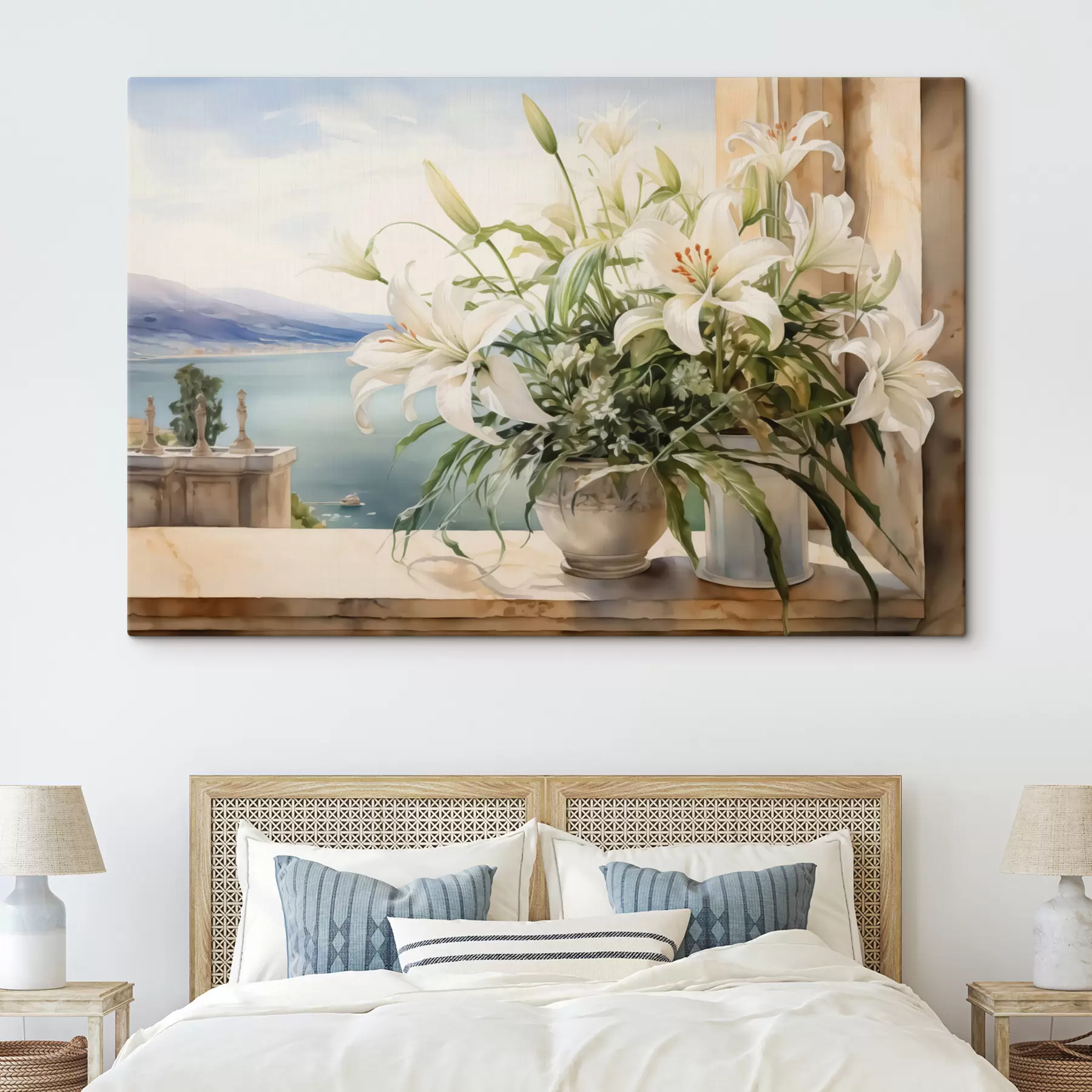 Fototapete Weiße Lilien in einer Vase auf einem Balkon mit Blick auf das Meer und die Berge Aquarell s40682