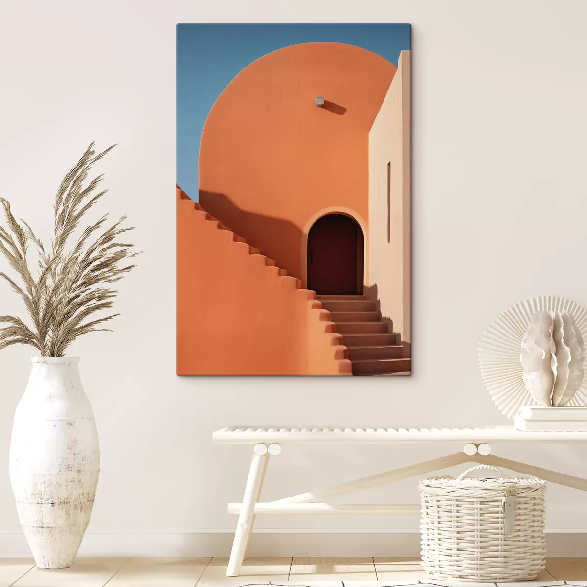 Wandbilder Minimalistische architektonische Gebäude mit Stufen, blau, orange Farbe s40724