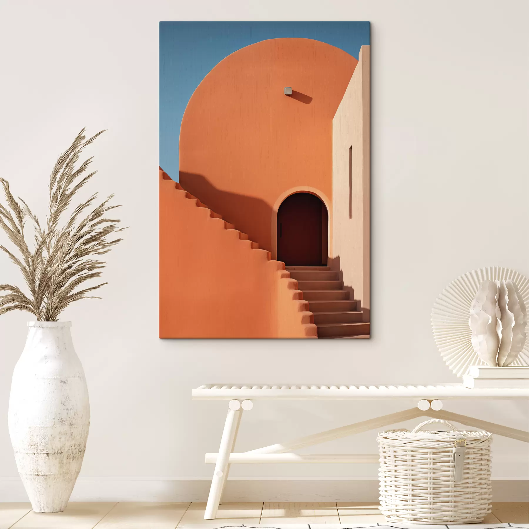 Fototapete Minimalistische architektonische Gebäude mit Stufen, blau, orange Farbe s40724