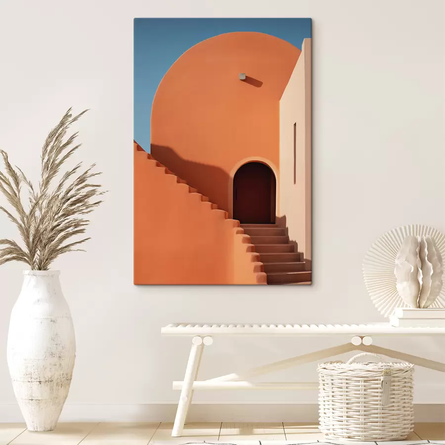 Wandbilder Minimalistische architektonische Gebäude mit Stufen, blau, orange Farbe s40724