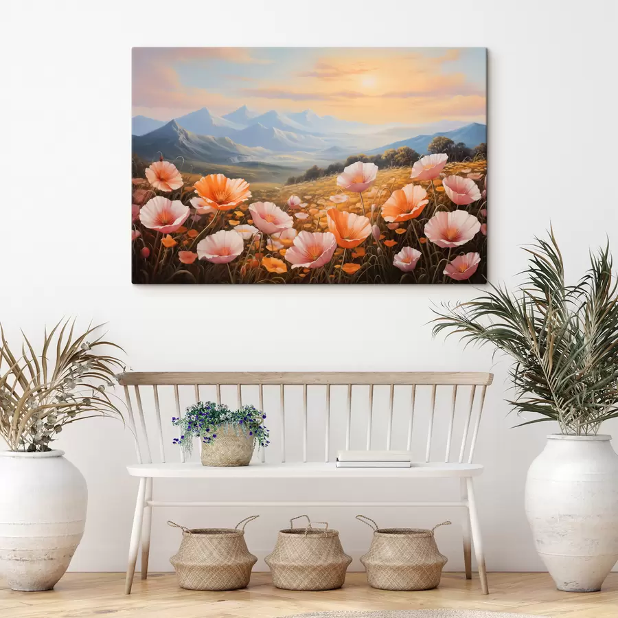 Wandbilder Mohnfeld in der Morgendämmerung mit Bergen im Hintergrund s40730