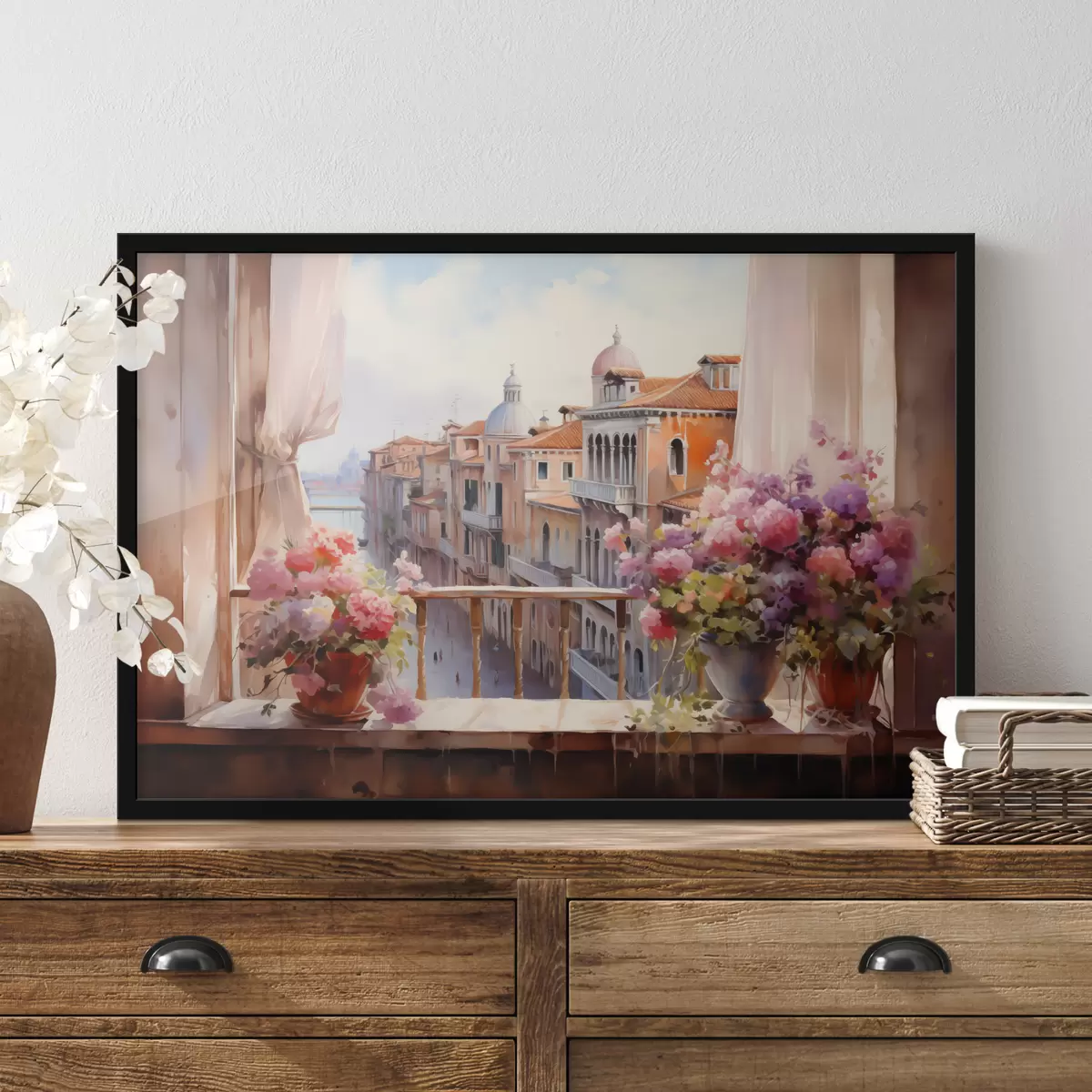 Poster Blumen in Vasen mit Blick auf die Bucht von Venedig Aquarell f40677