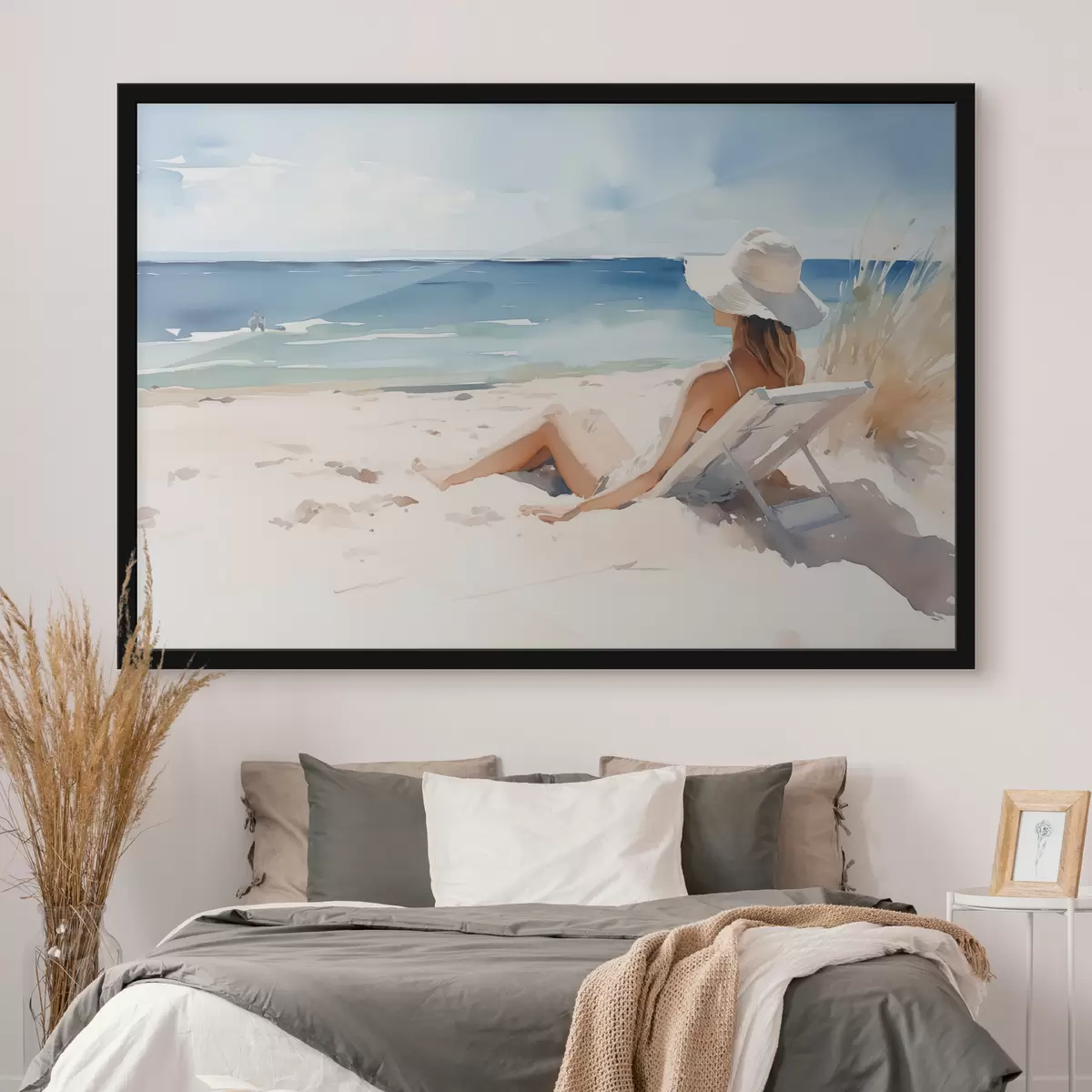 Poster Mädchen entspannt am Strand am Meer Aquarell f40679