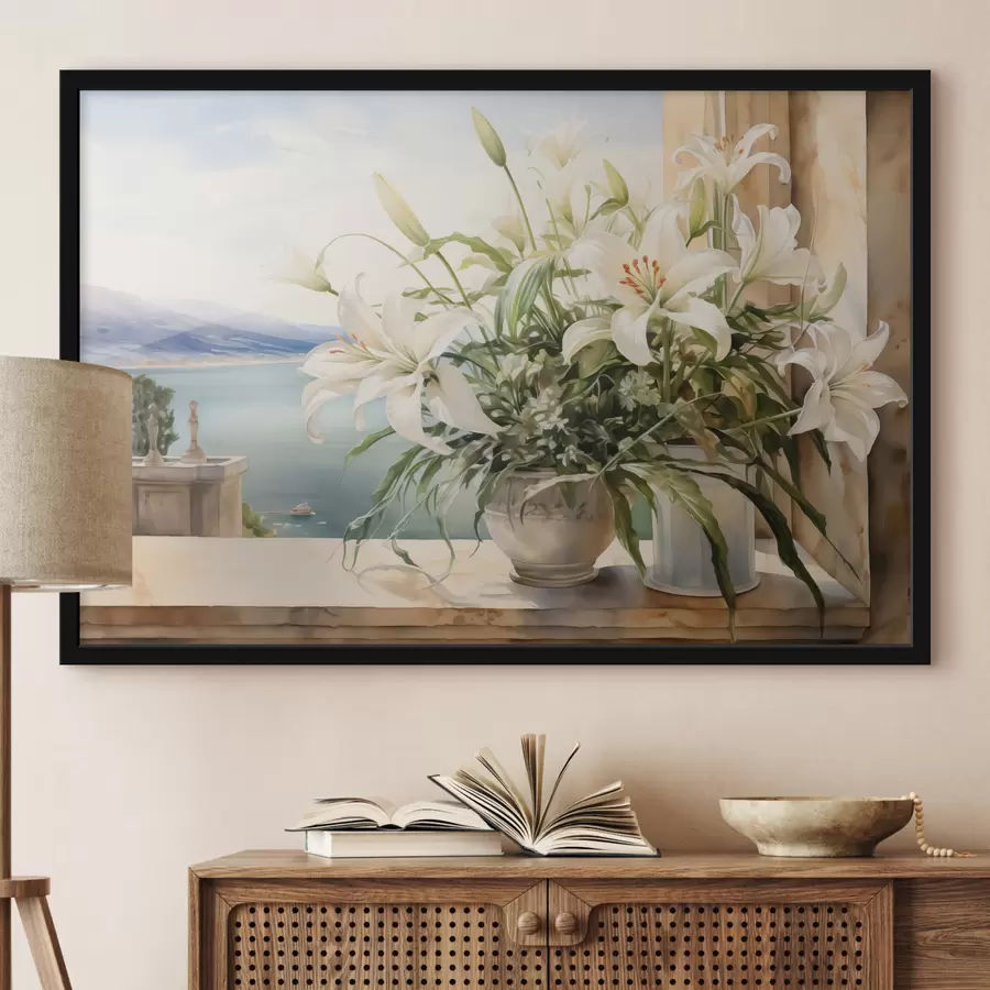 Fototapete Weiße Lilien in einer Vase auf einem Balkon mit Blick auf das Meer und die Berge Aquarell f40682