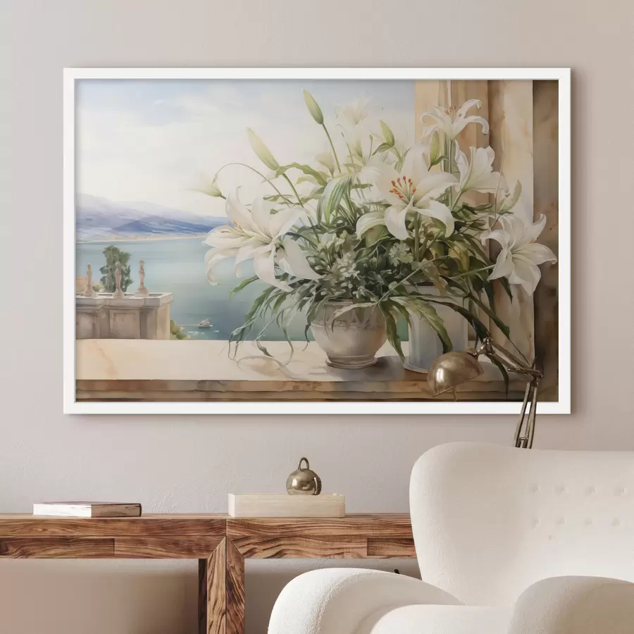 Fototapete Weiße Lilien in einer Vase auf einem Balkon mit Blick auf das Meer und die Berge Aquarell f40682