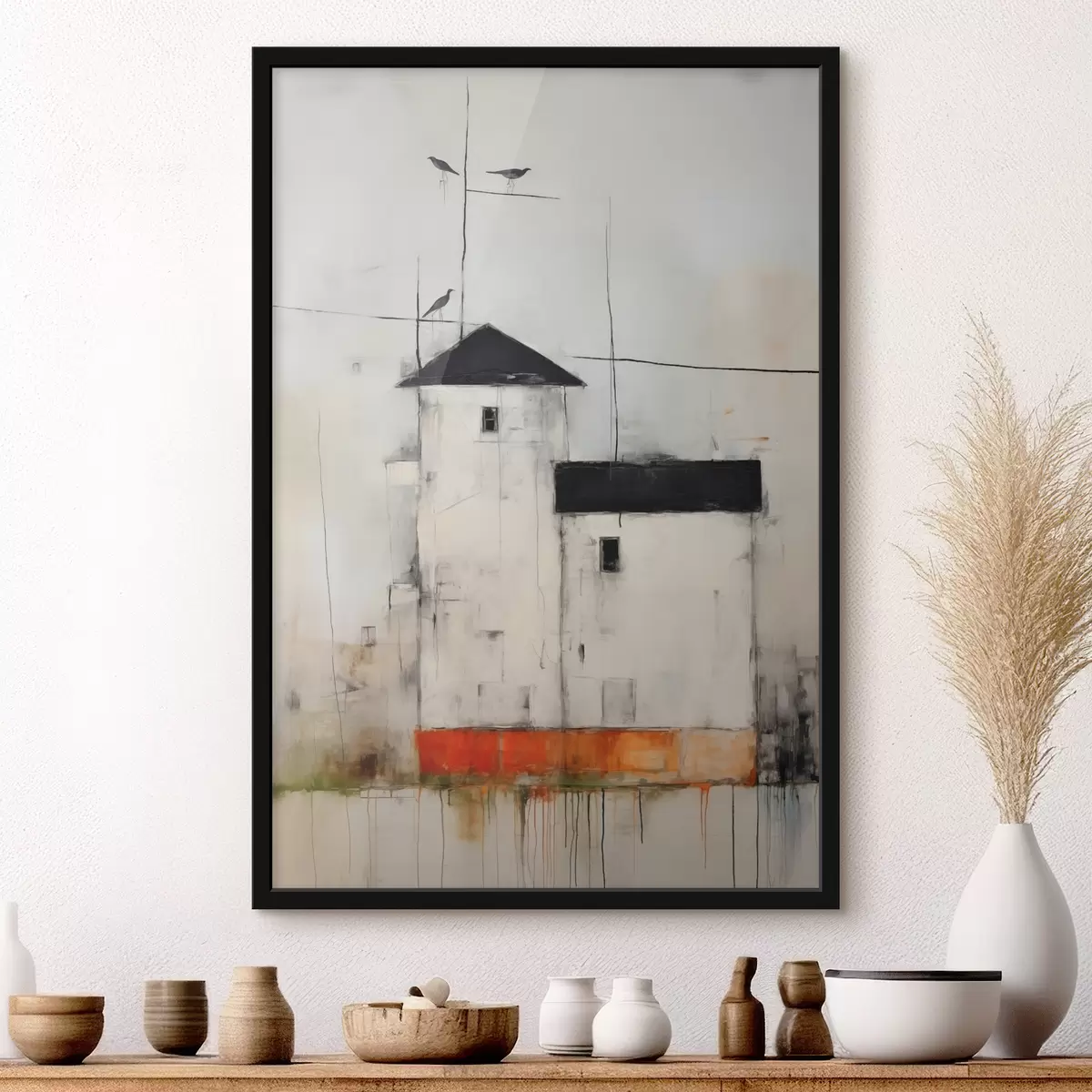 Poster Weiße Häuser mit schwarzen Dächern malen mit der Textur von Kratzern und Abrieb von Schmutz f40685